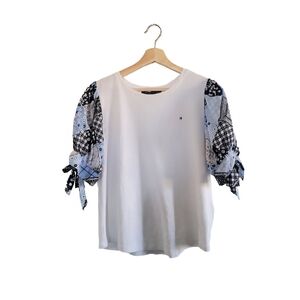 TOMMY HILFIGER Patchwork Puff Sleeve Top Size L - Preppy Cottagecore